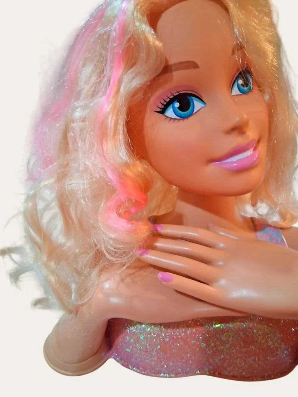 Barbie Blonde Styling Doll Head With Makeup Glittery Top RARE